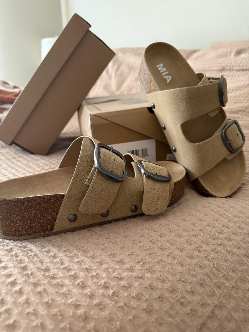 MIA Double-Buckle Suede Slide Sandals in Tan
